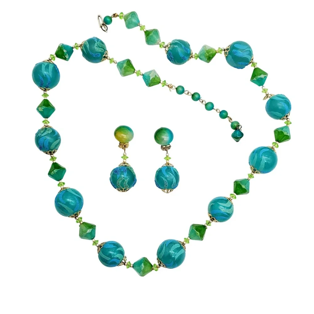 Hong Kong Necklace Clip Earrings Blue Green Flocked Beaded Acrylic Lucite Summer